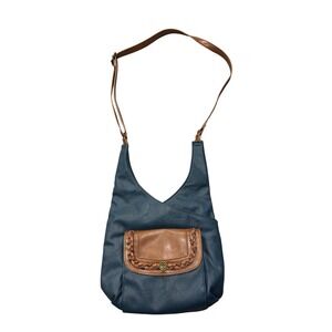 Gal Crossbody Bag Women OS Blue Tan Faux Leather Braided Trim Adjustable Strap
